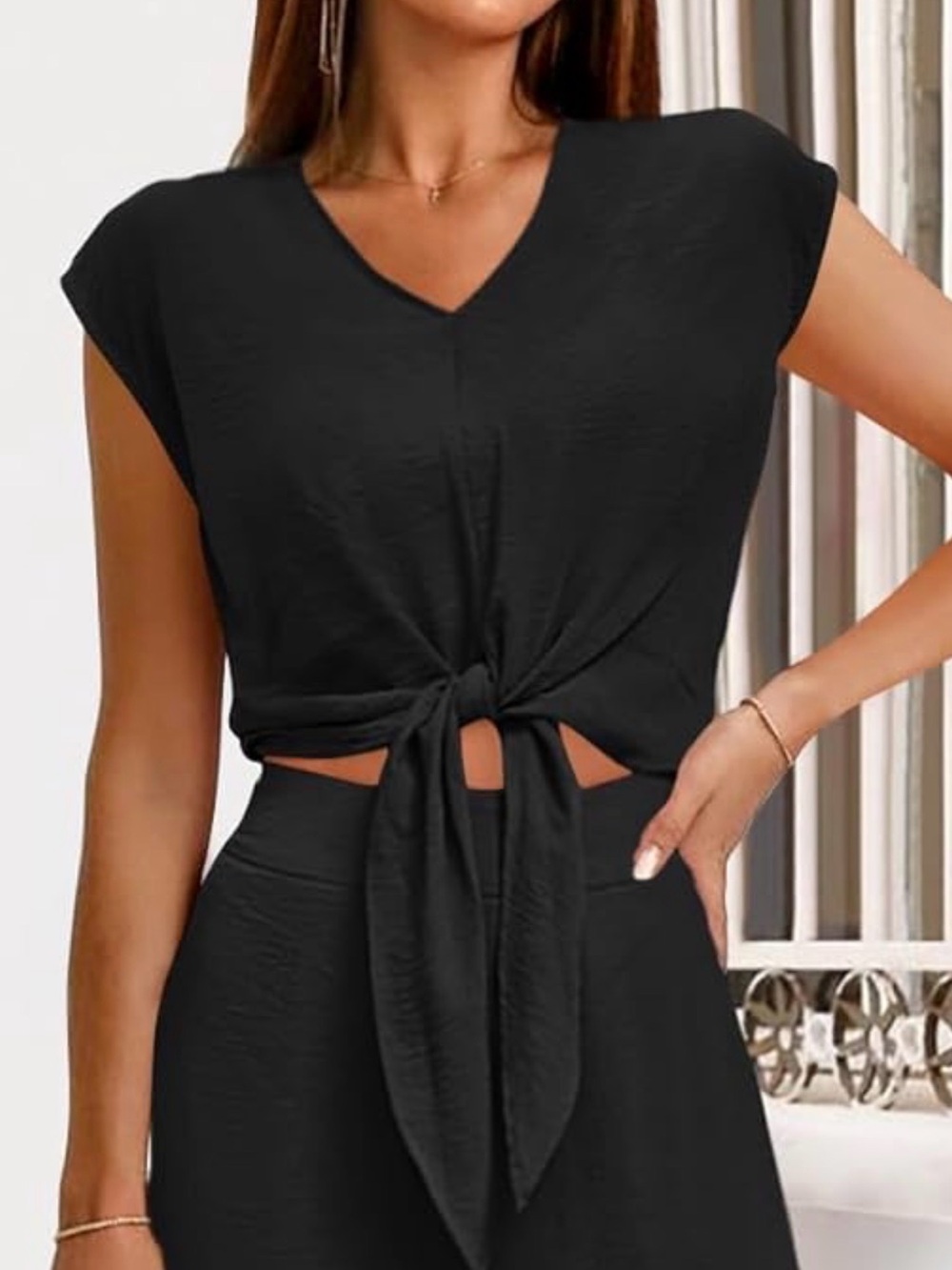 Black Tie-Front V-Neck Crop Top